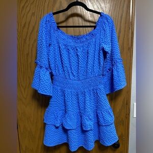Le Lis Collection Cornflower Blue Dress W/Ruffles, Bell Sleeves- SIZE L - NWT